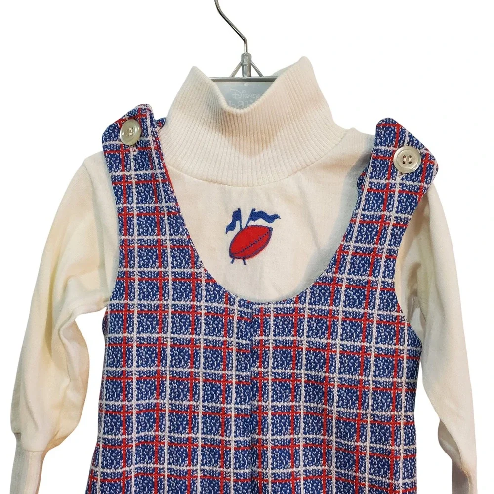 Healthtex Vintage 70s Boys Plaid Romper & Football Applique Turtleneck Top 6-12M